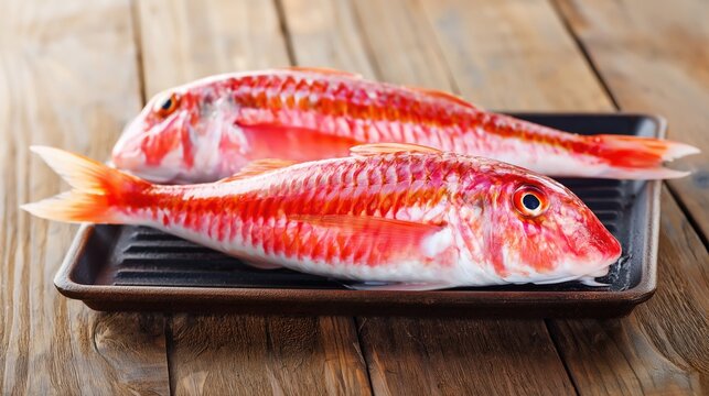 Two raw red mullet fish lying on a black tray, fresh seafood background.