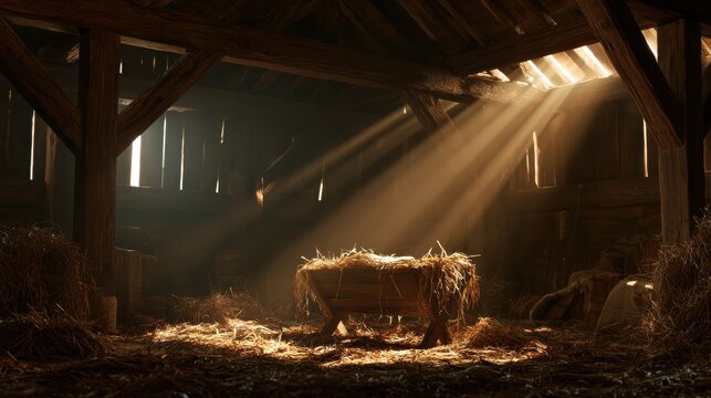 A rustic stable interior, empty manger waiting for the baby, soft glowing light rays coming through the wooden slats, anticipation