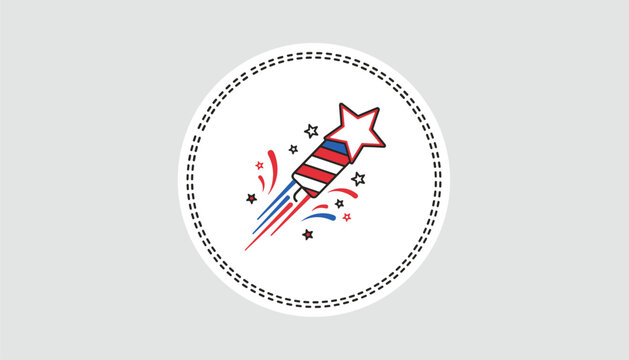 Patriotic fourth of july firework rocket badge decorated with stars and stripes isolated on a clean grey background.