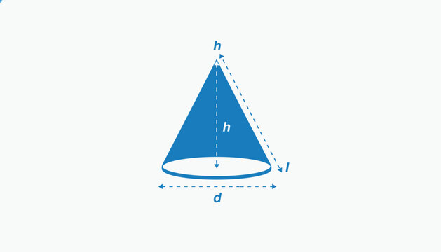 Mathematical geometry diagram of a blue cone showing height, diameter, and slant height measurement lines.