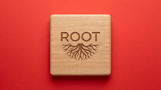 A square wooden block with the word root and an engraved tree root system symbol on it, placed on a bright red background, representing growth, foundation, stability, and connection in a concept