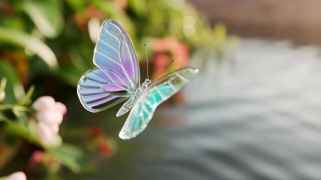 Butterfly fluttering beside flowering garden plants and rippling water. Nature documentaries, wildlife education, and pollinator conservation campaigns.