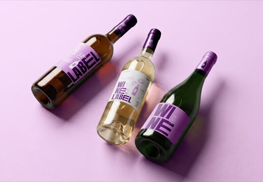 Three Wine Bottles Mockup on Solid Background