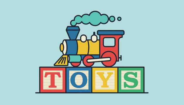 Playful toy train on wooden building blocks spelling out the word toys, perfect for kids and childhood designs.