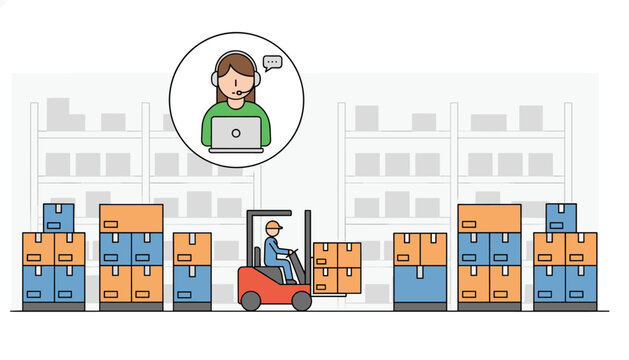 Customer support agent inside a circle guiding a forklift operator moving cargo boxes in a busy logistics warehouse.