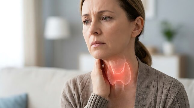 Adult woman touching her neck with a concerned expression and a red glowing thyroid gland anatomical overlay