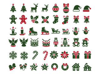 Naklejka premium Christmas holiday icon set featuring trees, reindeer, stockings, bells, gingerbread, candles, skates, sleighs, snowmen, angels, drums, and nutcrackers in green and red.