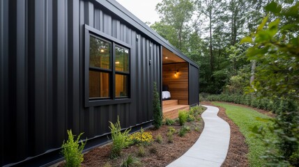 Fototapeta premium Golden Afternoon Past the Welcoming Entrance Deck: Shipping Container House With Modular Guest Suite And Garden