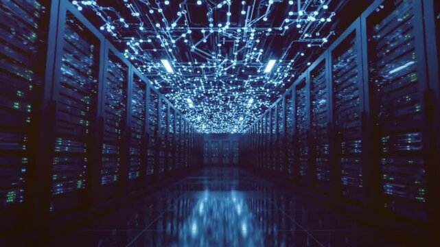 Futuristic server room corridor in data center featuring glowing blue circuit board pathways overhead providing seamless digital networking communication infrastructure.
