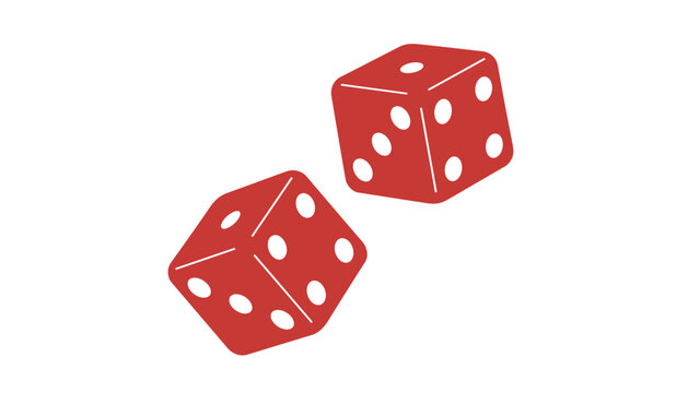 Two red six-sided playing dice with white dots are depicted in a rolling motion on a clean white background, representing luck and gambling.