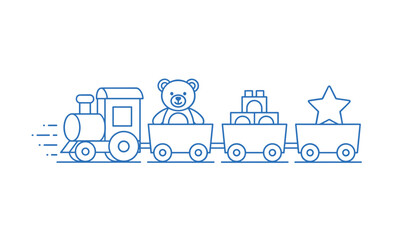 Naklejka premium Cute toy train carrying a teddy bear, building blocks, and a star is drawn in simple blue outline on a white backdrop.