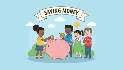 Naklejka premium Financial education concept illustration showing four diverse kids happily saving money inside a pink piggy bank.