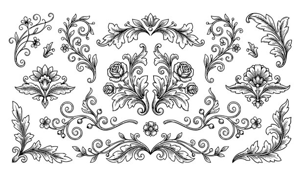 Ornamental Floral Scrolls, Botanical Elements and Decorative Corner Designs Hand Drawn Black Line Art Collection