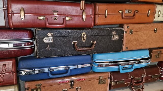 Stack of Old Vintage Suitcases, Close Up