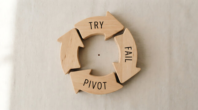 Four curved wooden arrow pieces arranged in a circular cycle on a light beige background, each labeled with the words try, fail, pivot, representing the iterative process of business development