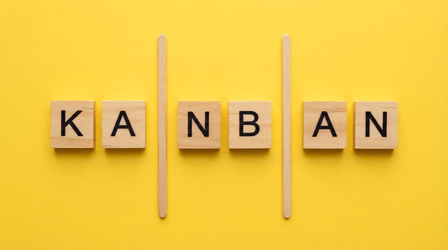 The word kanban spelled with wooden blocks separated by vertical wooden sticks on a bright yellow background, representing agile project management, workflow optimization, and lean manufacturing
