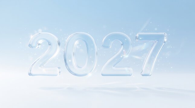 Three dimensional glass numbers representing the year 2027 isolated on a soft blue and white background