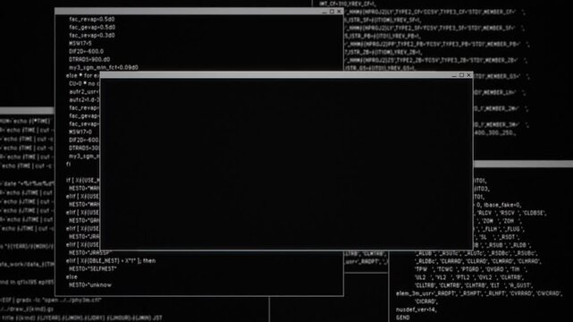 PC画面の中央にコピースペースのあるウインドウがあり、背景で白色のプログラミングのコードが打ち込まれていくタイトルバック
