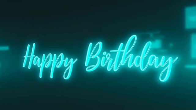 Glowing cyan Happy Birthday script lettering animates on a dark teal abstract background. Birthday greeting cards, party invitation, and celebration social media posts.