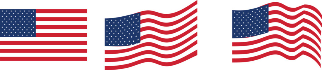 Fototapeta premium USA American Flag Icons Pack. Collection of USA Flag Set. Waving and Flat American Flag Vector Graphic Elements Independence Day