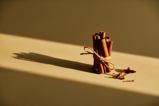 A bundle of organic cinnamon sticks tied with rustic jute twine on a beige surface with soft shadows