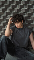 Obraz premium Teenage boy runs a hand through his hair while sitting against a geometric concrete wall and looking down, a vertical urban frame about tiredness and thinking things over alone