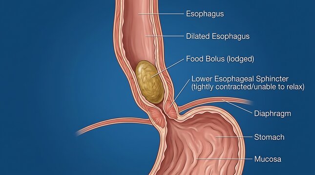 Medical illustration of a food bolus lodged in the esophagus due to a contracted lower esophageal sphincter
