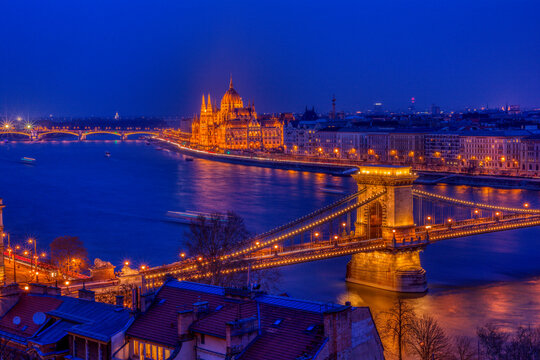 Panorama of Budapest, Hungary, with the Chain Bridge and the Parliament.