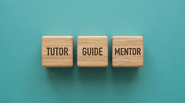 Three wooden blocks labeled tutor, guide, and mentor on a teal background, representing education, personal development, coaching, leadership, knowledge sharing, and guidance services