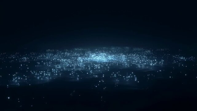 Glowing blue particles shimmer across a dark digital field with a bright central light. Technology presentations, digital product branding, and science media.