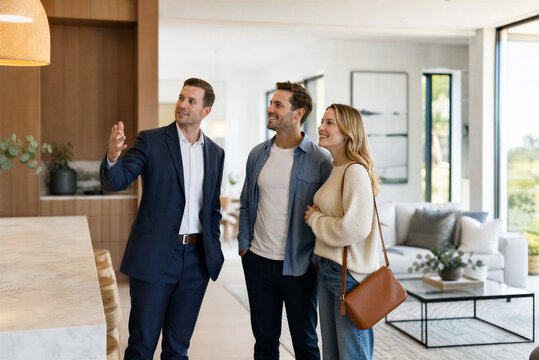 Professional real estate agent showing modern luxury home to young couple, realtor guiding clients through bright open house interior
