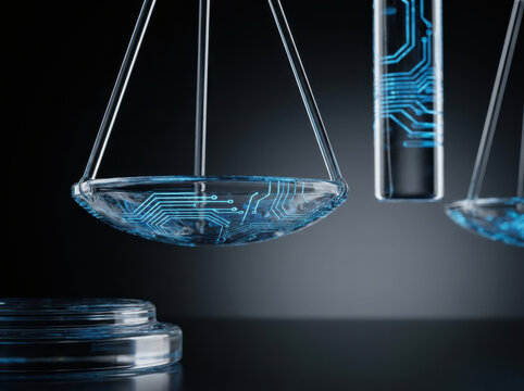 Glass scales of justice glowing with blue digital circuit pattern, symbolizing technology and law balance