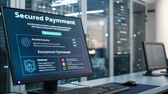 Secured payment system displayed on computer screens in modern office environment, emphasizing digital security