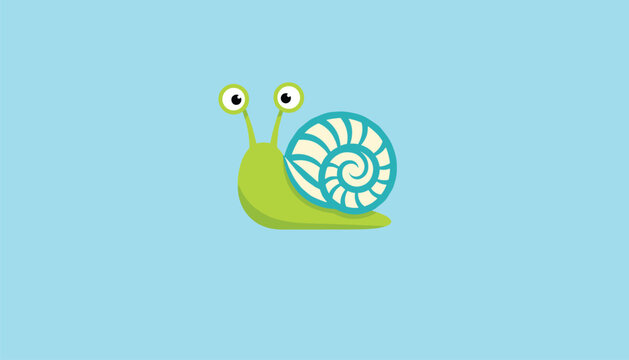 Simple green snail with a blue and white striped spiral shell crawls across a light blue background in a cartoon style.