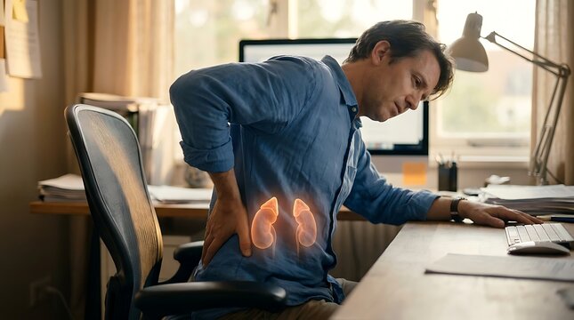 Man experiencing kidney pain and discomfort while sitting at a desk in a home office