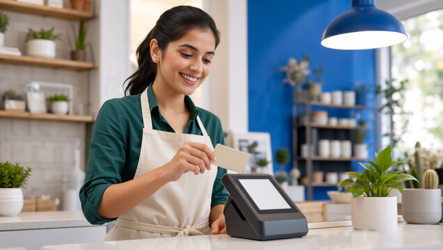 Smiling female cashier processing contactless card payment on POS terminal. Small business owner at checkout counter in modern shop. Retail transaction concept