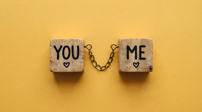 Two wooden blocks labeled you and me connected by a small metal chain on a yellow background, symbolizing relationship, connection, partnership, love, commitment, and unity between two individuals