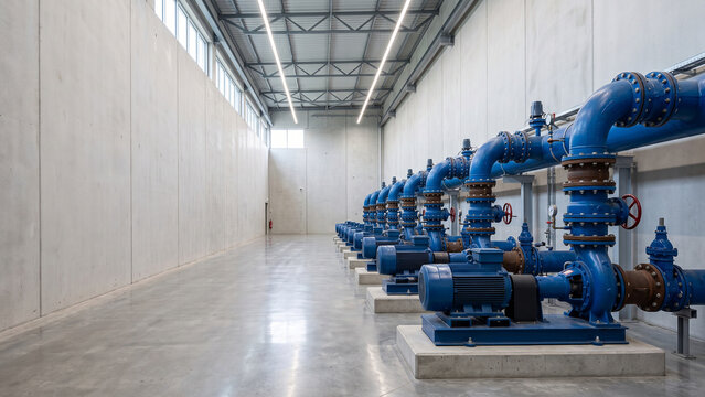 Row of Blue Industrial Pumps in Concrete Utility Hall