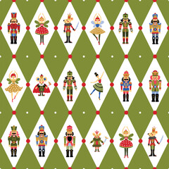 Obraz premium Christmas vector seamless Nutcracker pattern. Seamless pattern can be used for wallpaper, pattern fills, web page background, surface textures.