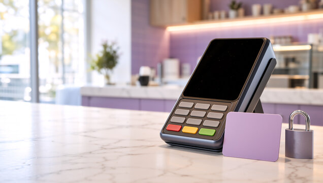 Secure payment terminal on retail counter. POS device with blank card and padlock on marble tabletop in cafe. Safe transaction concept