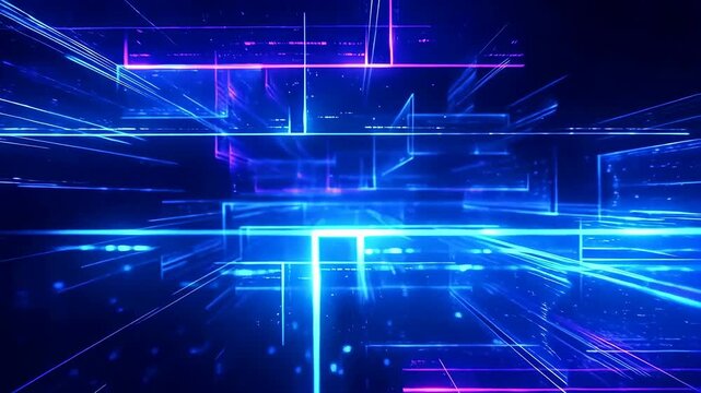 Glowing geometric lines recede through a dark neon technology background. Technology presentation, cybersecurity media, and software promotion.