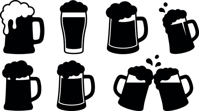 Set of beer mugs and glasses icons with foam silhouettes