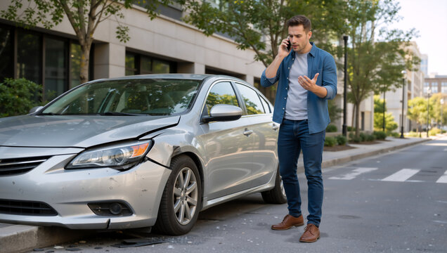 Man calling roadside assistance after car accident. Stressed driver on phone next to damaged silver sedan on city street. Auto insurance claim concept