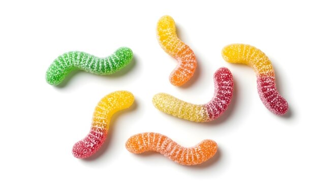 Assorted colorful gummy worms isolated on white background