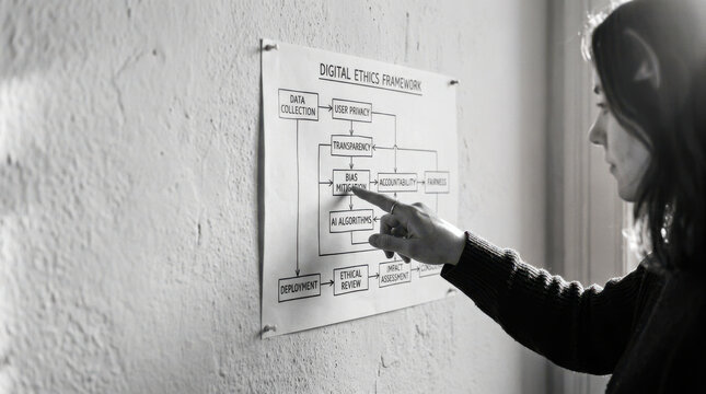 Digital ethics framework flowchart on wall with person pointing, illustrating bias mitigation and accountability in AI