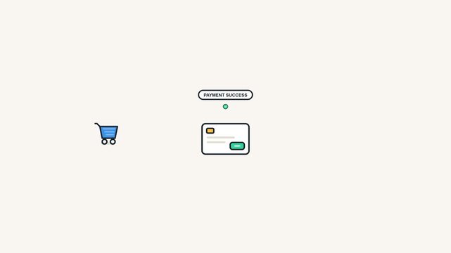 Minimalist e-commerce graphic with a blue shopping cart and a payment success notification window on a light background