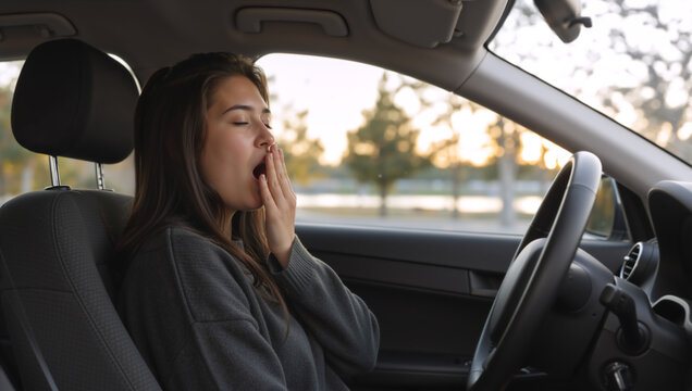 Tired young woman yawning in the driver seat of a car. Sleepy female driver covering her mouth while driving. Fatigue and road safety concept