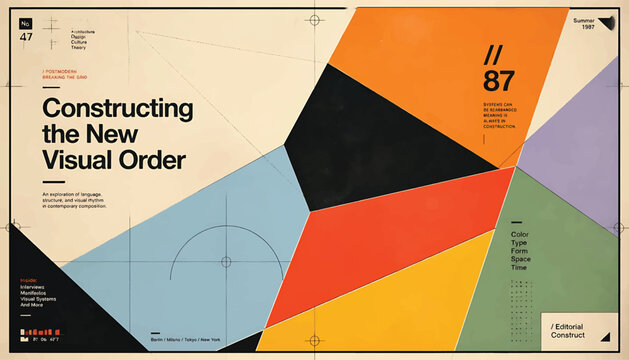 A minimalist graphic design poster featuring bold geometric shapes and typography titled constructing the new visual order in modern style