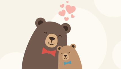 Obraz premium Sweet illustration of a large brown bear hugging a smaller cub with several pink hearts floating in the air above them.