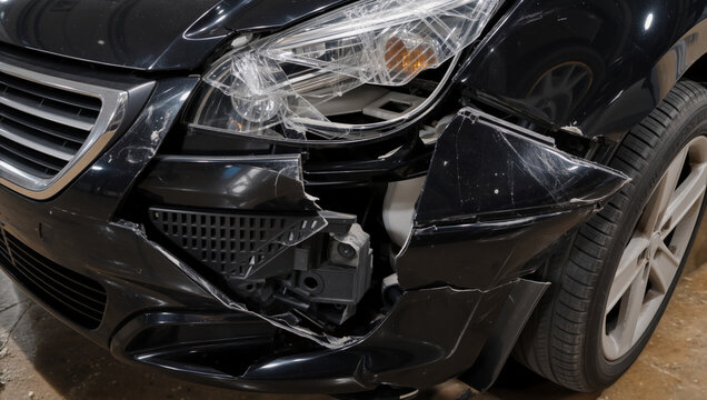 Close up of a damaged black car front bumper and cracked headlight. Vehicle collision damage and auto repair concept. Car insurance claim details